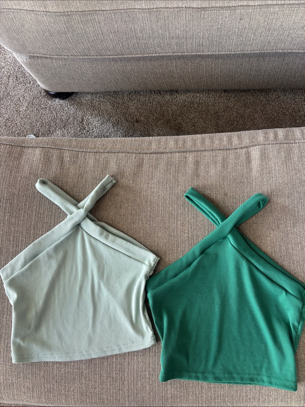 SHEIN 2 pack Ribbed Cross-Back Crop Top one in green and one in mint green